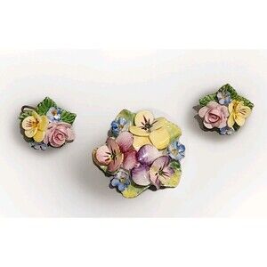 Vintage Artone Bone China Flower Brooch & Screwback Earrings Set Made In England